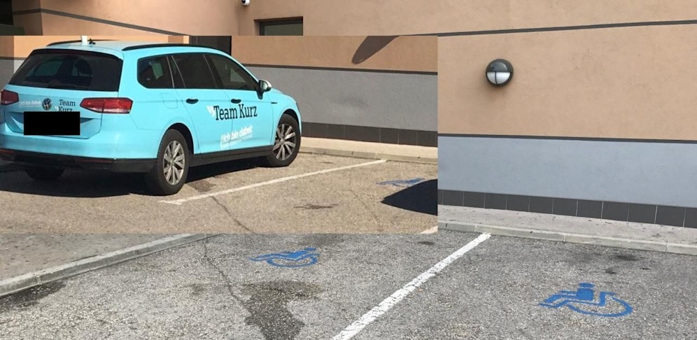 Vor (eingeschnittenes Bild) und nachdem (großes Bild) das VP-Wahlkampfauto am Parkplatz stand.