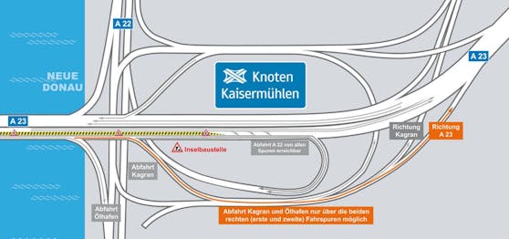 Die neue Spurführung am Knoten Kaisermühlen. 