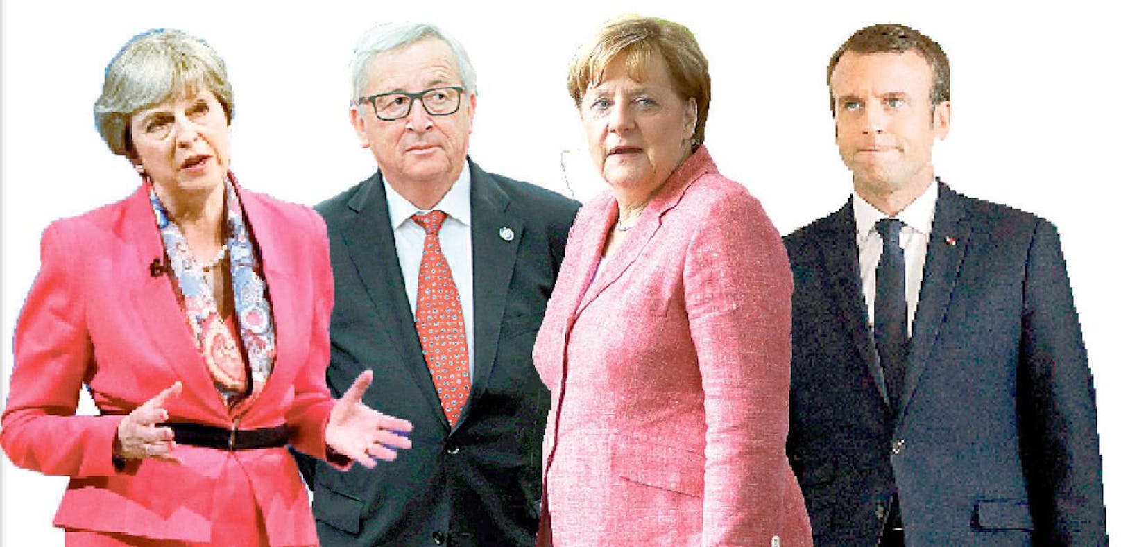 Theresa May, Jean-Claude Juncker, Angela Merkel, Emmanuel Macron