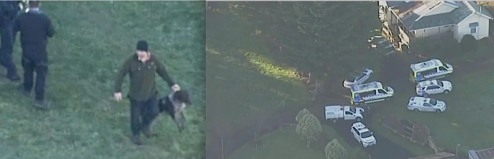 In Australien wurde ein Kleinkind (14 Monate) vom Deutsch Drahthaar der Familie tot gebissen. Polizisten nehmen den Hund (li.) nach der Tat mit. 