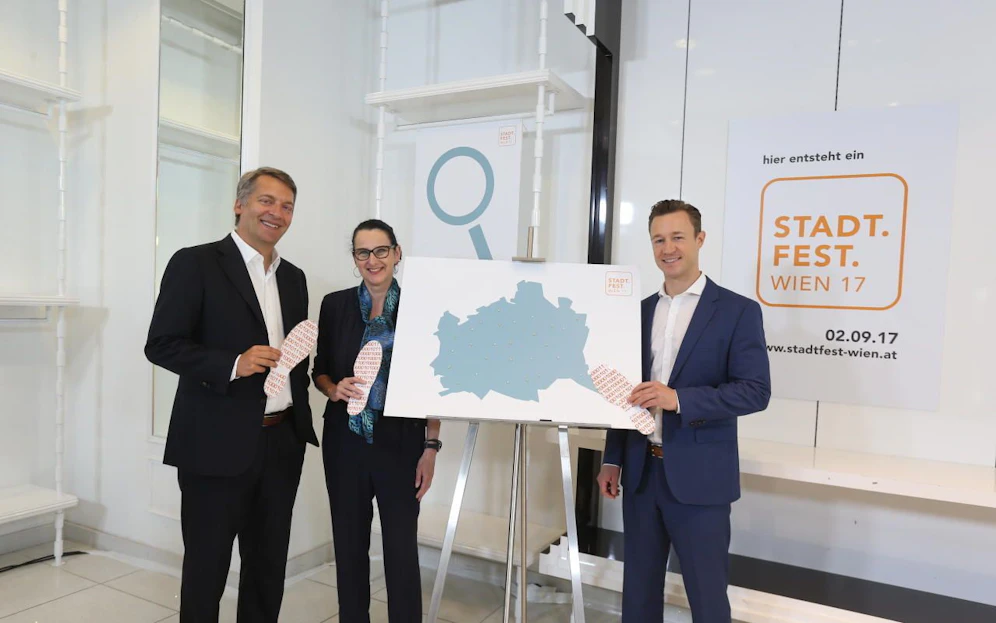 Stellten das neue Konzept vor: Andreas Hladky, von der Event-Agentur "Hallamasch CAE", Susanne Reichard, neue Präsidentin des Vereins Wiener Stadtfeste und ÖVP Wien-Chef Gernot Blümel