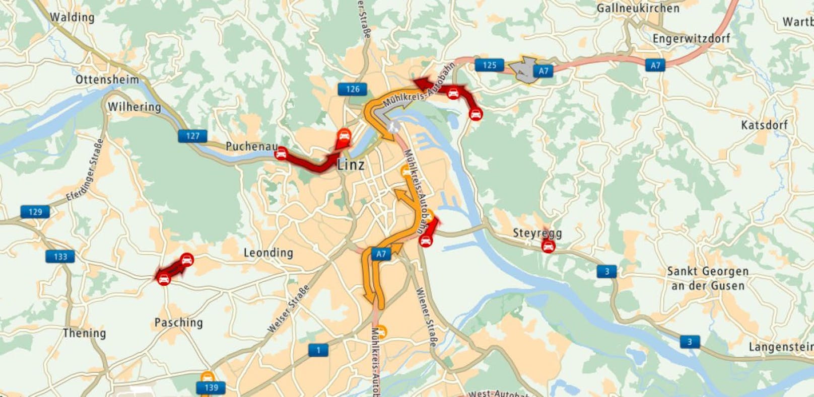 Drei Unfälle sorgten für Mega-Staus in Linz.