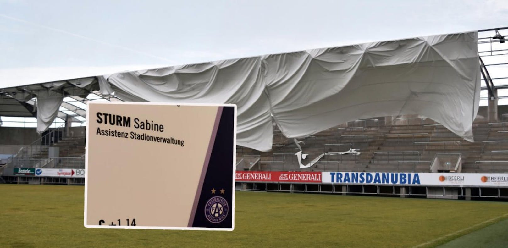 Sabine Sturm kümmert sich um das Stadion der Austria. Sturm Sabine beschädigte die Cashpoint-Arena.