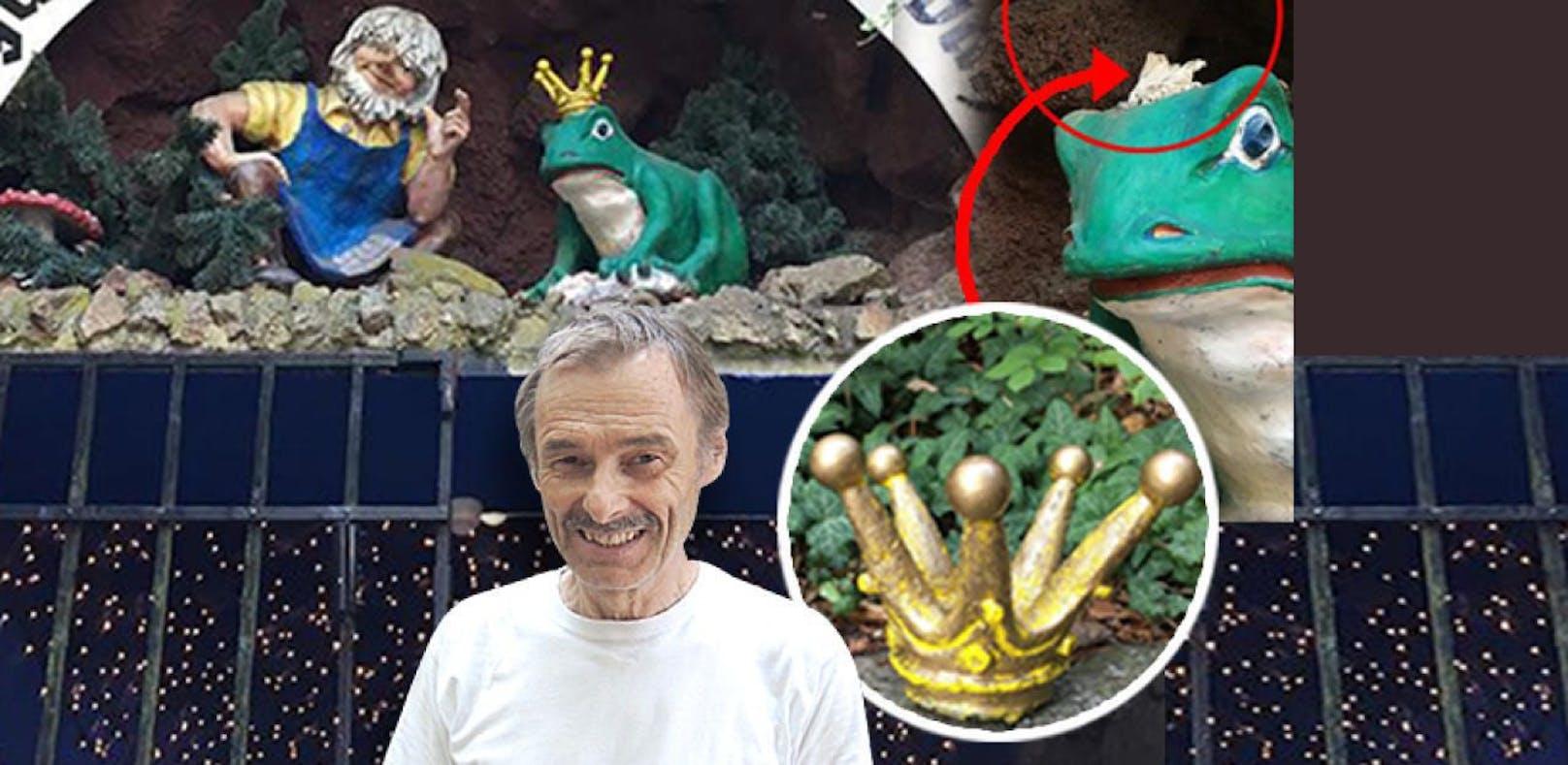 Dank &quot;Zwergerldoktor&quot; Otto Kolano kann sich der Frosch am Eingang zur Linzer Grottenbahn wieder Froschkönig nennen. Der 67-Jährige bastelte dem Frosch wieder eine Krone ans Haupt, nachdem ihm Diebe diese vom Kopf gestohlen hatten. 