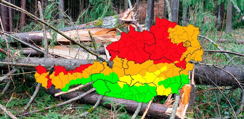 Die Warn-Karte der Unwetterzentrale für den heutigen Dienstag: Die roten Bereiche bedeuten, dass es hier Windspitzen von mehr als 100 km/h geben kann.
