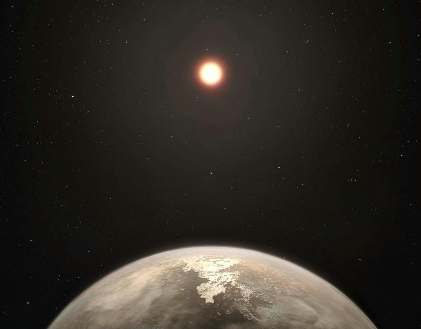 So sieht es ein Künstler: Der erdähnliche Planet &quot;Ross 128 b&quot; (Vordergrund) wird von einem Roten Zwerg umkreist. Die &quot;Erde 2&quot; könnte bald unser nächster Nachbar sein. 