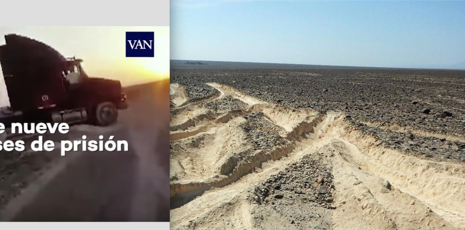 Zeugnis der Zerstörung: Die tiefen Spuren im Sand zeigen, wo der Lkw (li.) am Weltkulturerbe Nazca-Linien wütete. 
