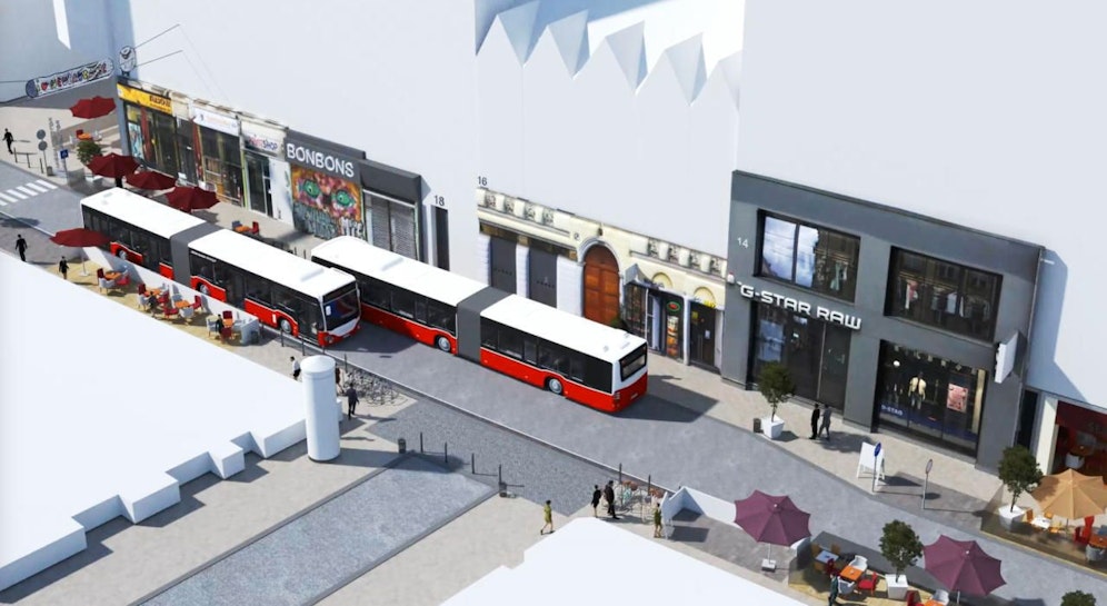 Laut dem Vorschlag der Wiener Linien soll der Bus 13A für die Dauer der U-Bahnarbeiten ab Mitte 2019 in beiden Richtungen durch die Neubaugasse fahren. (c) Wiener Linien