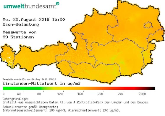 Die Messwerte am 20. August 2018, gegen 15 Uhr.