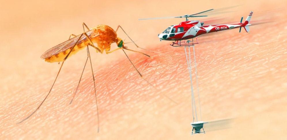 Mittels Hubschrauber wird der biologische Wirkstoff "Bti" zur Regulierung der Gelsenlarven ausgebracht.