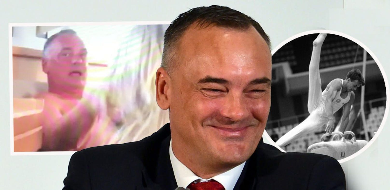 Zsolt Borkai im Vordergrund 2015 in seiner ehemaligen Funktion als Präsident von Ungarns nationalem Olympischen Komitees. Rechts zu aktiven Zeiten als Turner. Links ein vergleichsweise sehr harmloser Ausschnitt des geleakten Bildmaterials, als er schon Bürgermeister von Györ war.