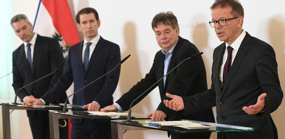 Nehammer, Kurz, Kogler und Anschober nach dem Ministerrat