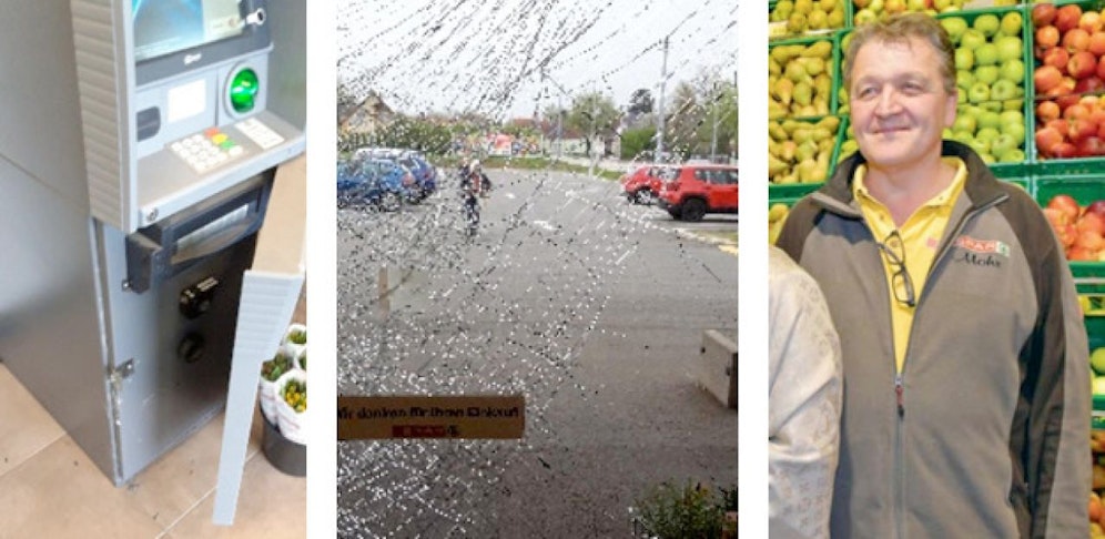 Schaden an Bankomat und Scheibe; Supermarkt-Chef Johann Mohr (r.)  