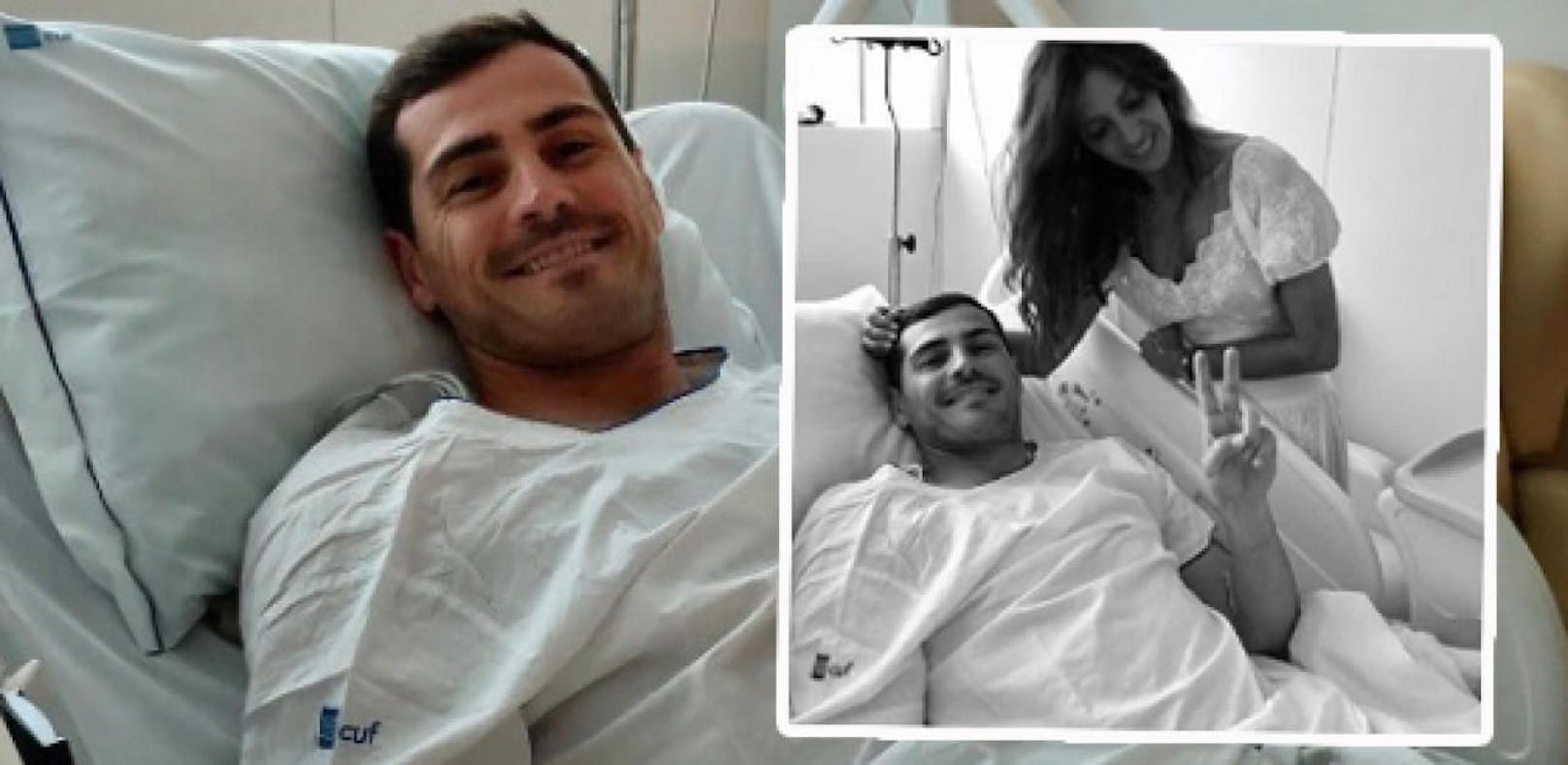 Iker Casillas mit Frau Sara Carbonero am Krankenbett. Der fünffache Welttorhüter erlitt einen Herzinfarkt.