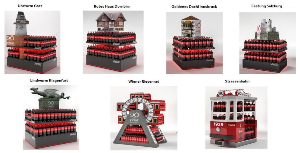 Coca Cola feiert! Unter anderem mit diesen Supermarkt-Aufstellern. (Foto: Coca Cola)