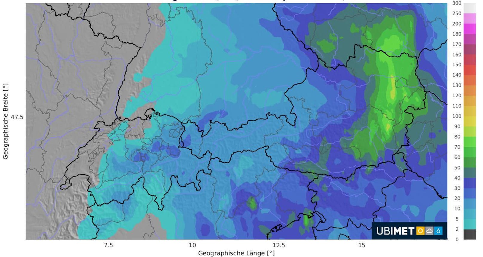 Niederschlagsprognose für die kommenden Stunden (bis Montag 5 Uhr MESZ).