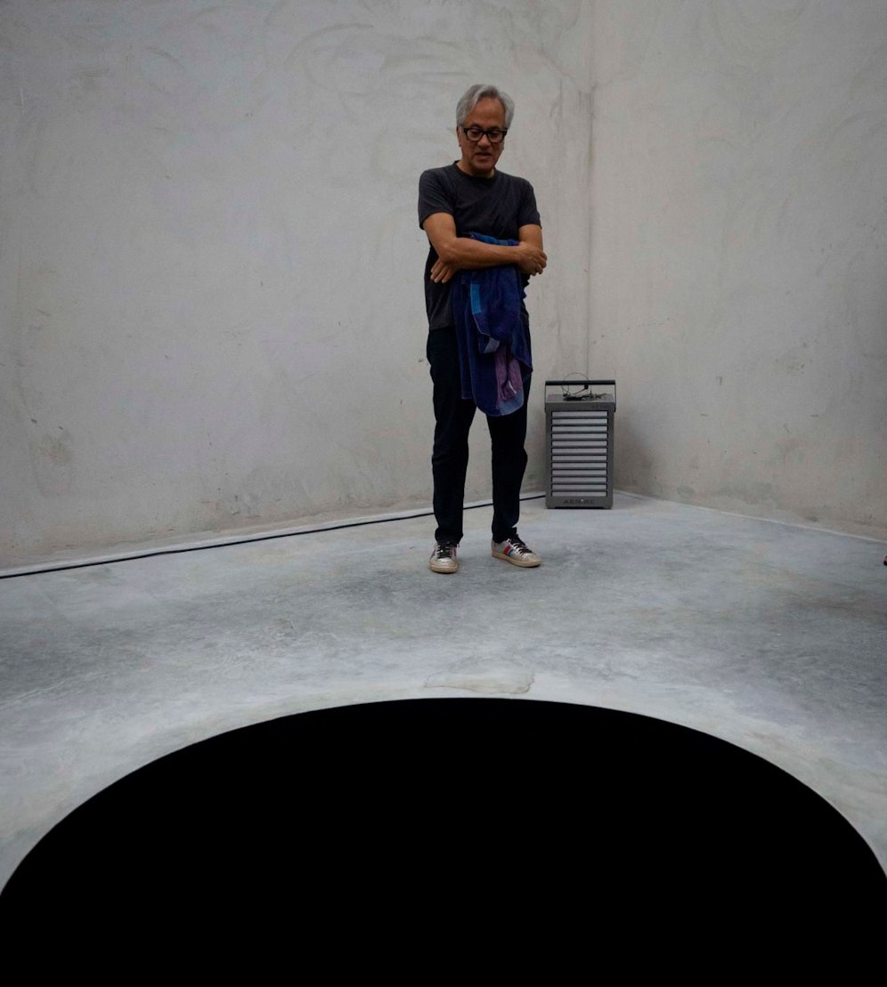 Künstler Anish Kapoor vor seinem Werk "Descent into limbo". Jetzt stürzte ein Besucher hinein. 