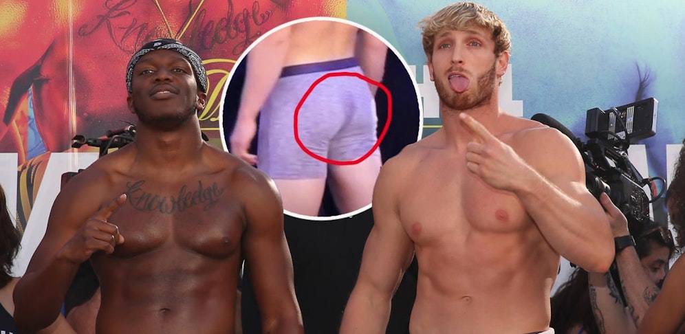 KSI und Logan Paul beim Wiegen. KSI entdeckte einen Fleck auf der Unterhose des Gegners und teilte ein Bild im Netz.