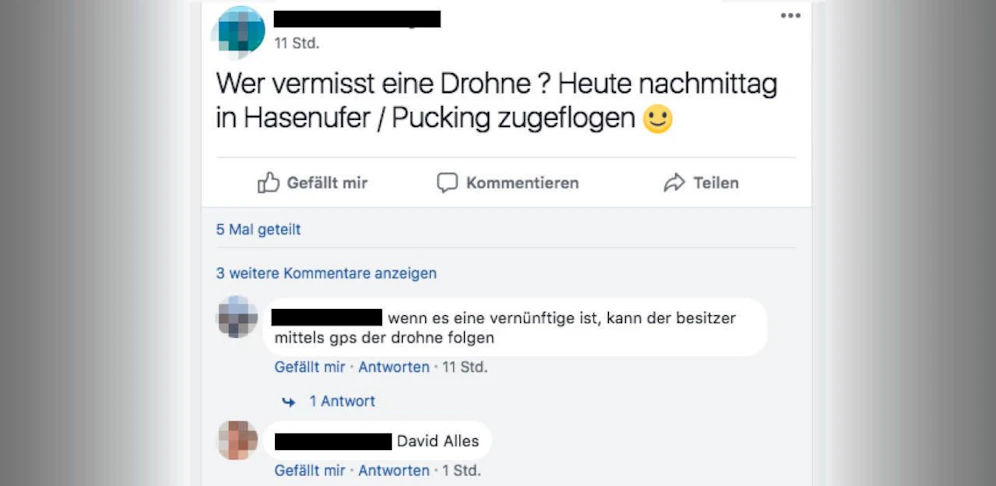 Einer Oberösterreicherin flog eine Drohne zu, jetzt sucht sie auf Facebook nach dem Besitzer.