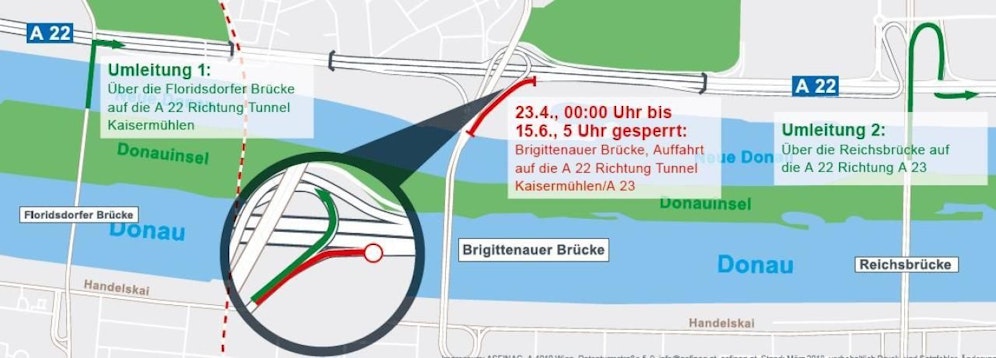 Die gesperrte Auffahrt bei der Brigittenauer Brücke