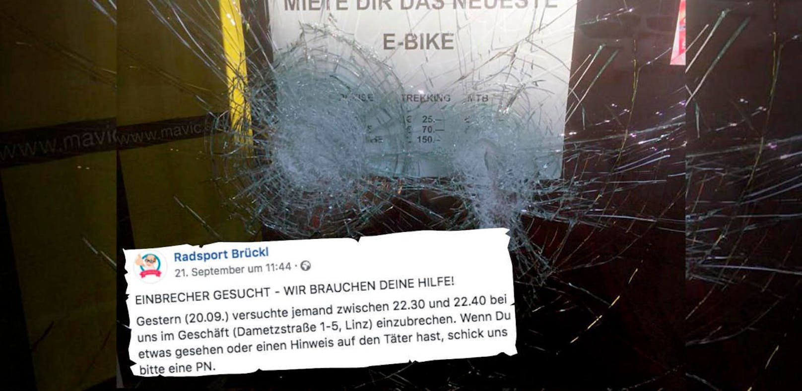 Unbekannte versuchten in ein Radgeschäft in der Linzer City einzubrechen. 