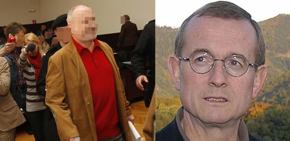 Der Angeklagte Helmut O. vor Verhandlungsbeginn 2018; der vergiftete Bürgermeister Hannes Hirtzberger (r.).