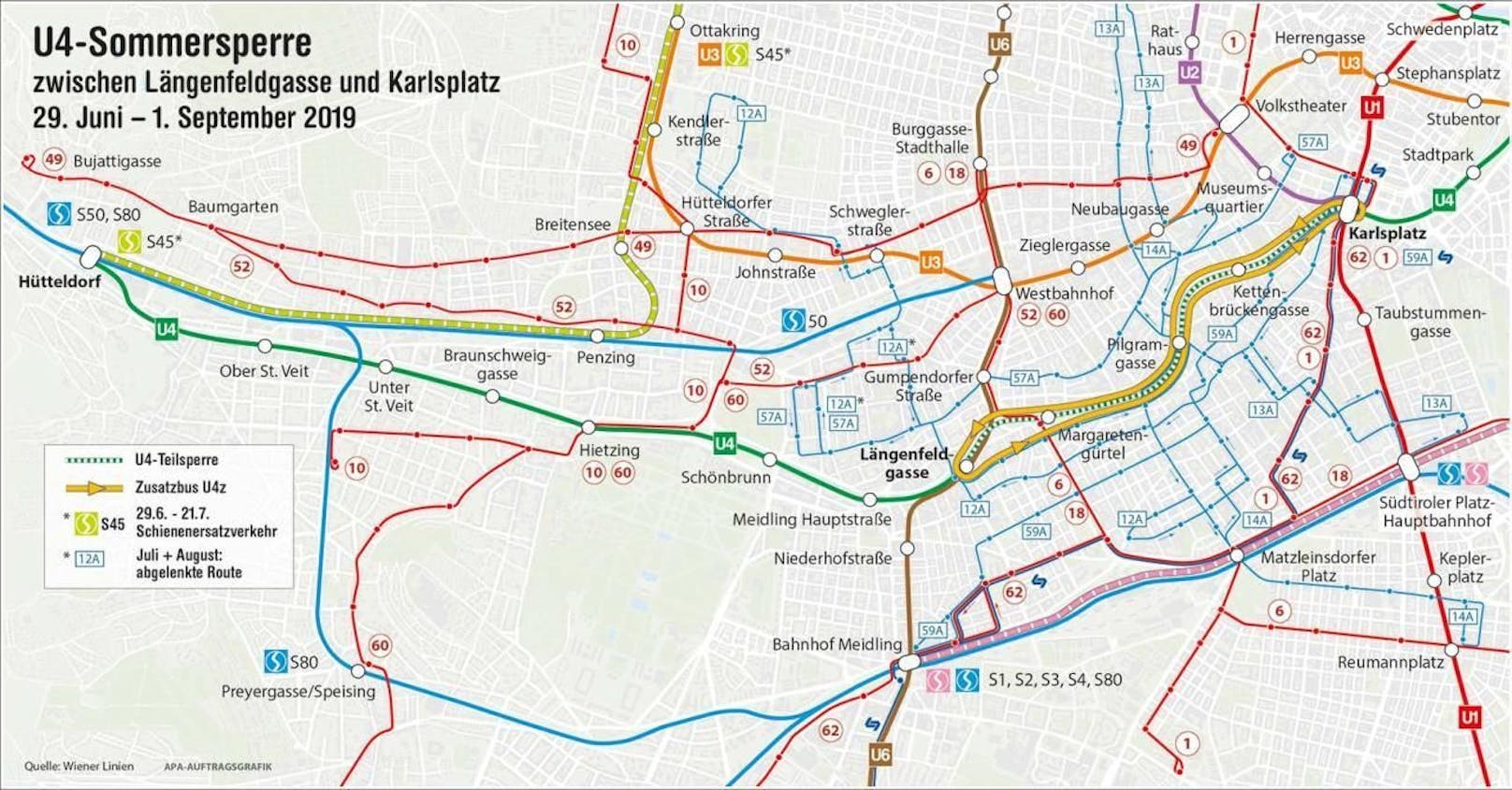 Von 29. Juni bis 1 September fährt die U4 nicht zwischen Karlsplatz und Längenfeldgasse. 