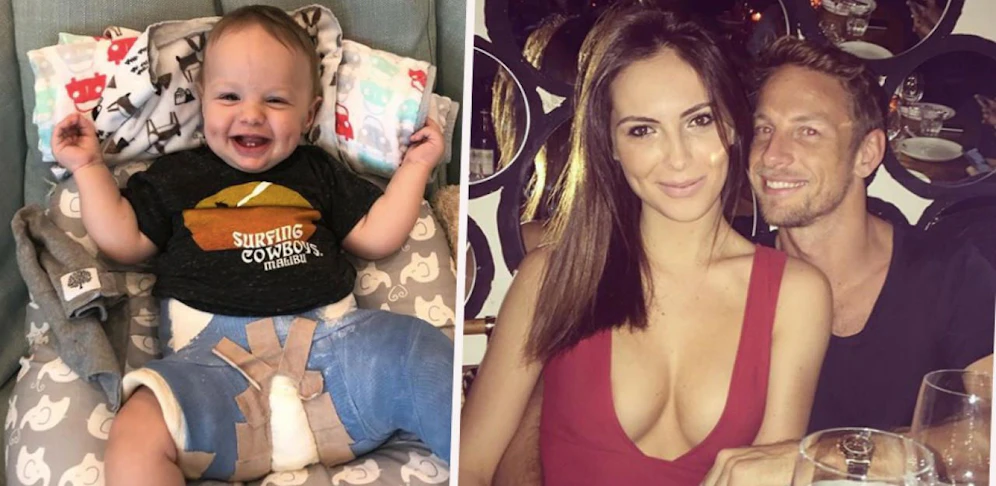 Jenson Button und seine Verlobte Brittny Ward. Links der gemeinsame Sohn Hendrix.