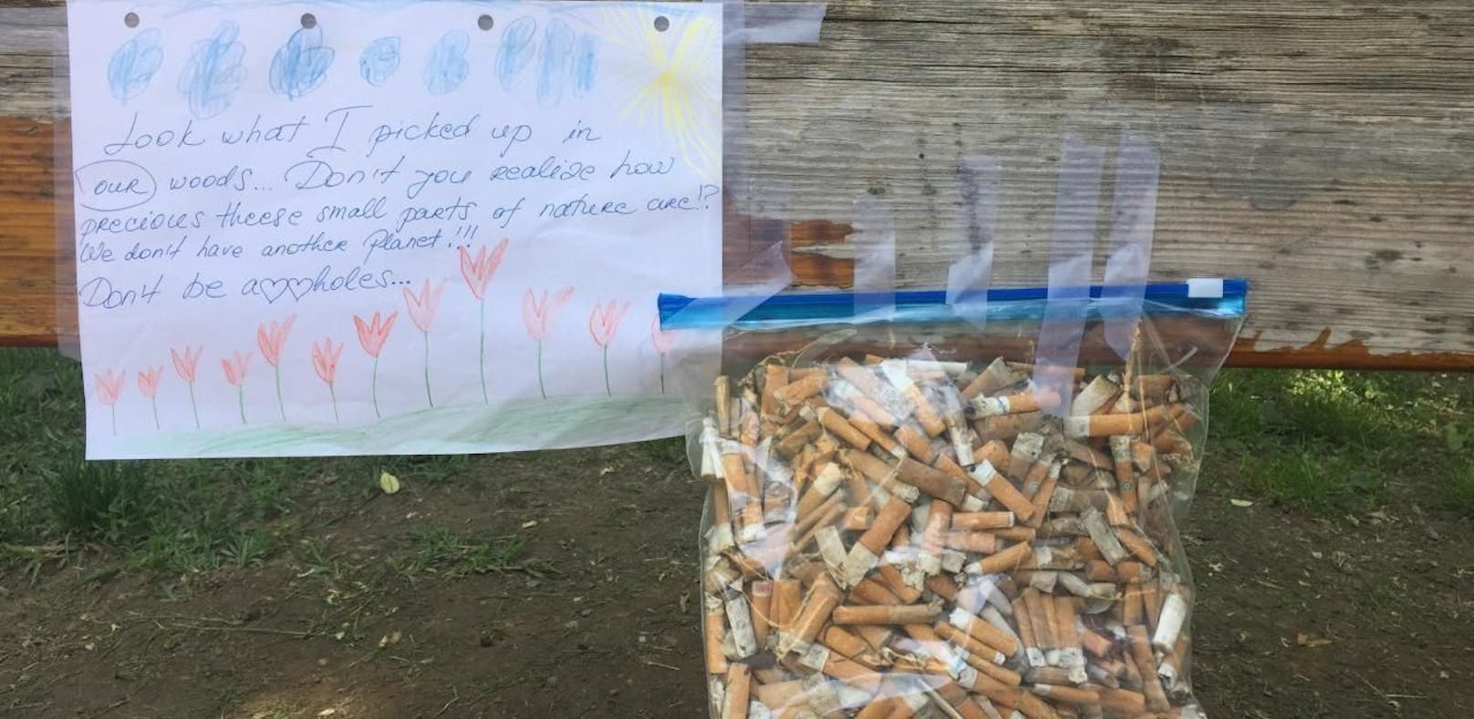 Mili (38) und ihr sechsjähriger Sohn sammelten zwei Wochen lang auf Grünflächen im Prater Zigarettenstummel auf.