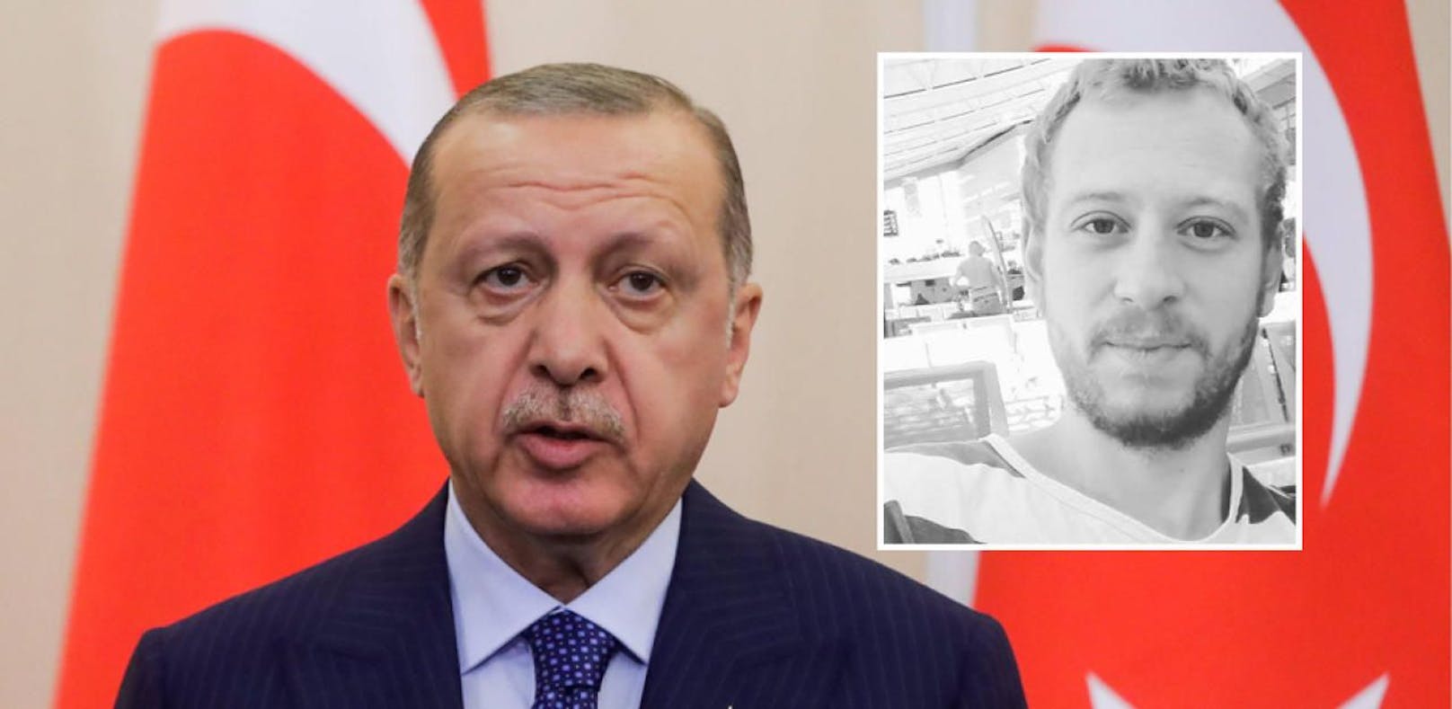 Der türkische Präsident Recep Tayyip Erdogan (l.) hat zahlreiche Journalisten wie Max Zirngast in der Türkei verhaften lassen.