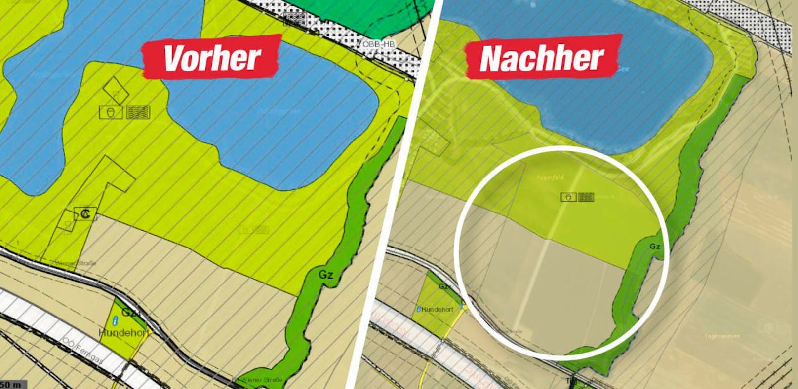 Früher war das ganze Gebiet Grünzug (links), nun ist eine Fläche davon ausgenommen (rechts). 