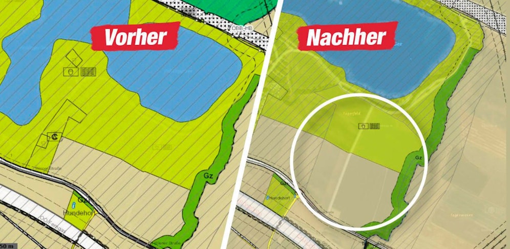 Früher war das ganze Gebiet Grünzug (links), nun ist eine Fläche davon ausgenommen (rechts). 