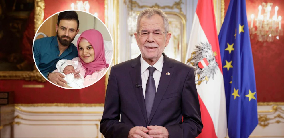 Van der Bellen begrüßt Neujahrsbaby Asel.