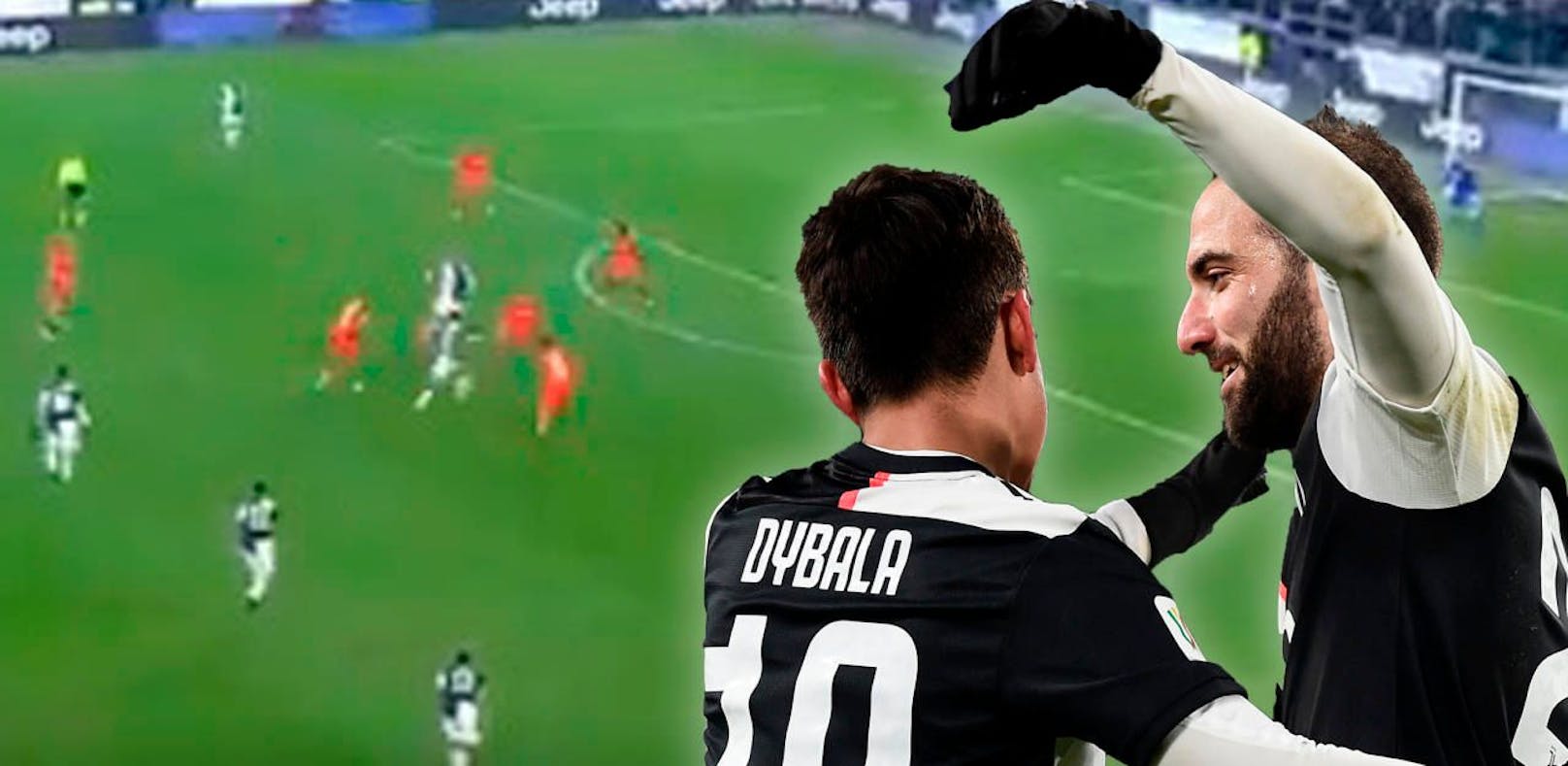 Paolo Dybala und Gonzalo Higuain spielen den gesamten Abwehrblock mit Kurzpassspiel zu zweit aus.