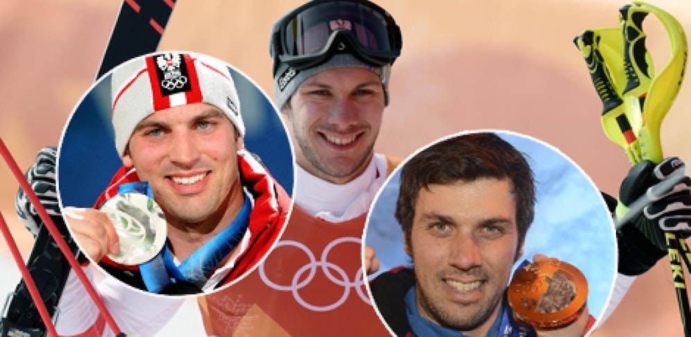 MIchael Matt jubelt über Slalom-Bronze. Sein Bruder Andreas (links) gewann 2010 Silber im Skicross, Mario (rechts) 2014 Gold im Slalom. 