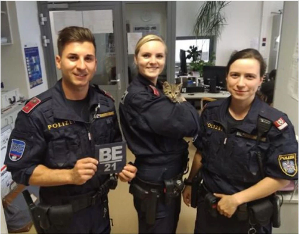 Die Polizisten Christoph P., Anna W. und Bianca M. (v.l.n.r.) retteten die ausgehungerte Samtpfote aus ihrer mißlichen Lage. 