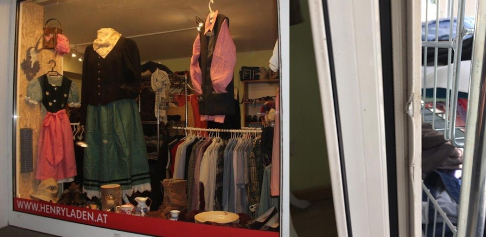 re. die Spuren des Einbruchsversuchs im Henry Laden (li.) in der Hundskehle.