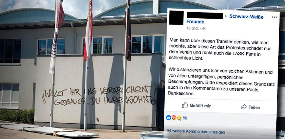 LASK-Neuzugang Thomas Gebauer wird aufs Übelste beschimpft. "Fans" beschmierten die Fassade des Sekretariats bei der TGW-Arena. 