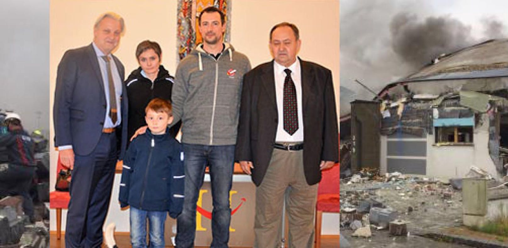 Alfred Babinsky, Silvia und Franz A. mit Sohn und Hund, Karl Riedmayer; das Haus nach der Explosion