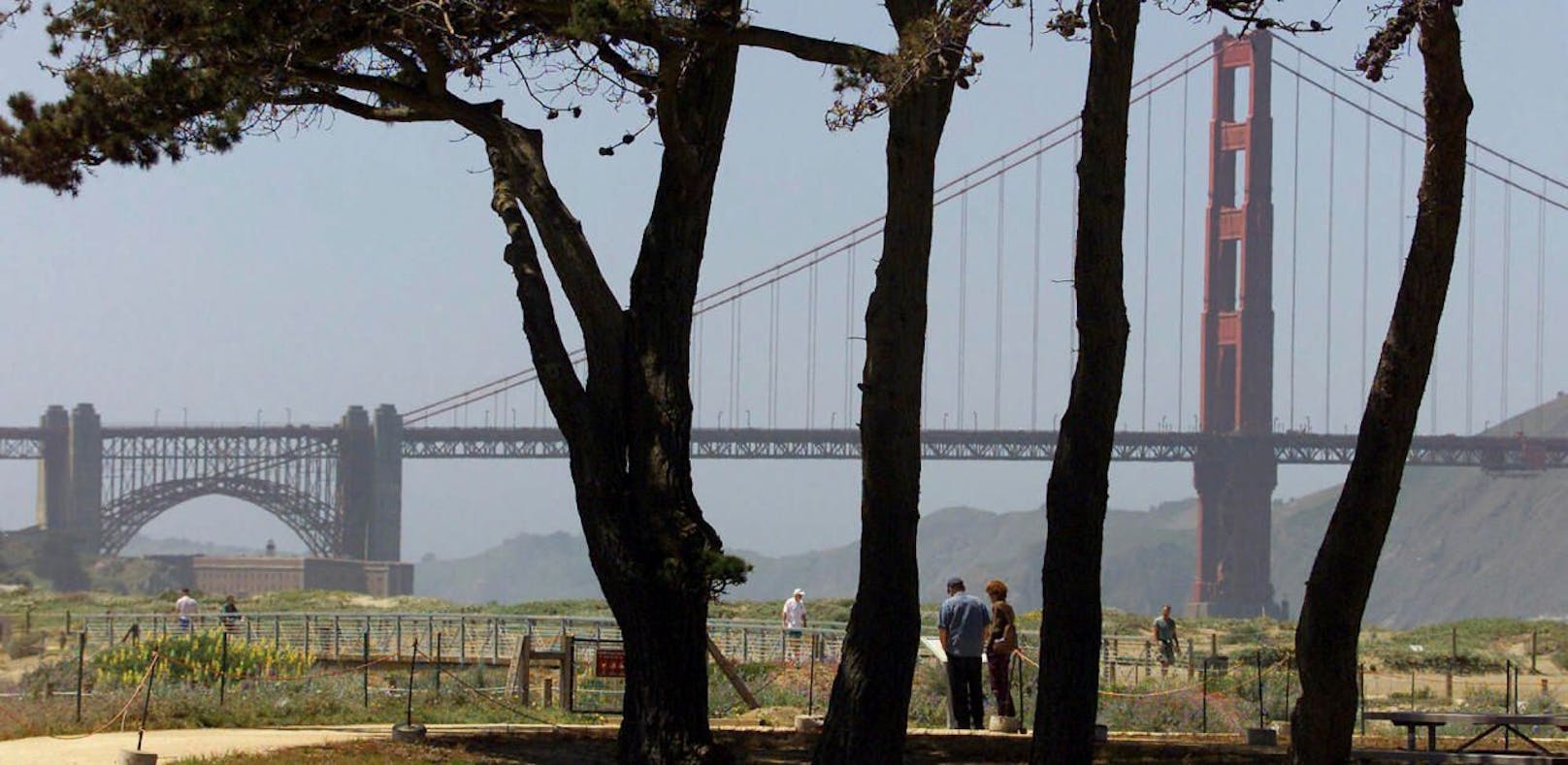 Auf den Crissy Fields (im Bild mit der Golden Gate Bridge im Hintergrund) in San Francisco wollen US-amerikanische Rechte aufmarschieren. Hundebesitzer planen eine skurrile Protestaktion.