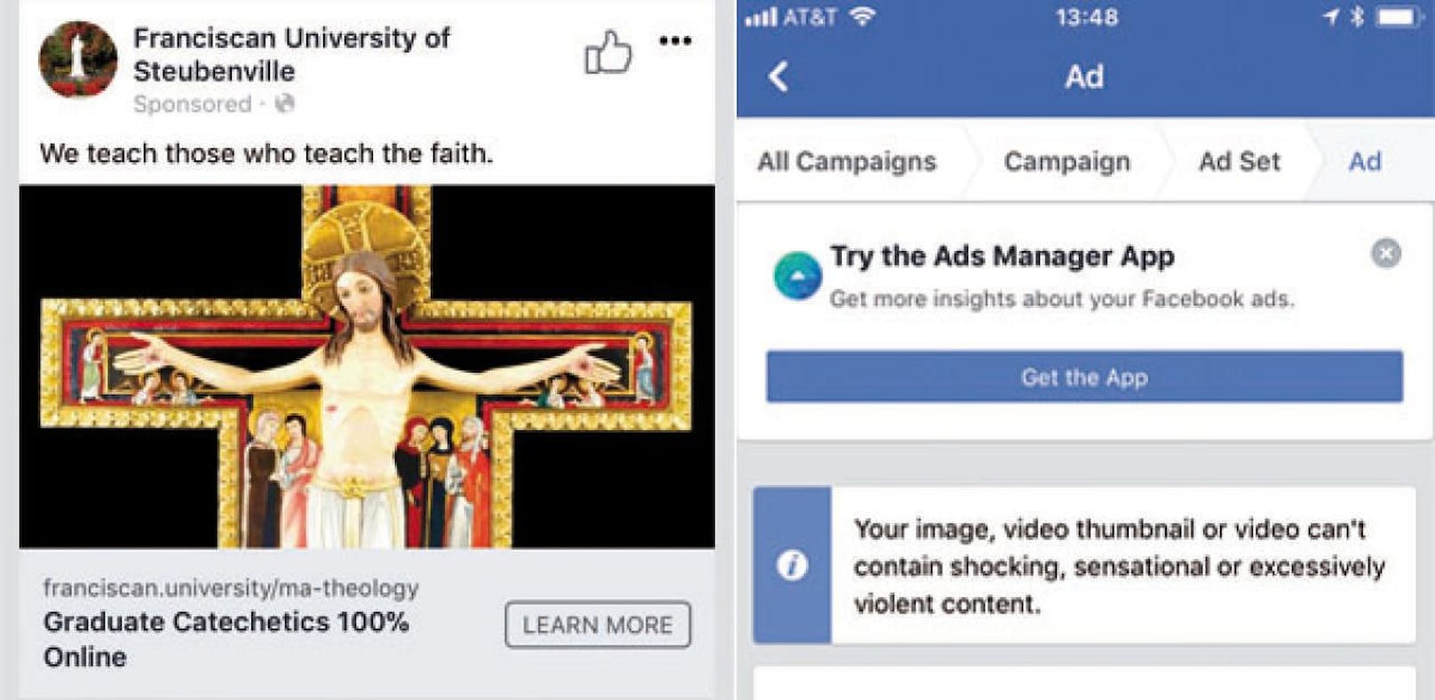Links die Werbung, welche die Universität schalten wollte, und rechts Facebooks Ablehnung.