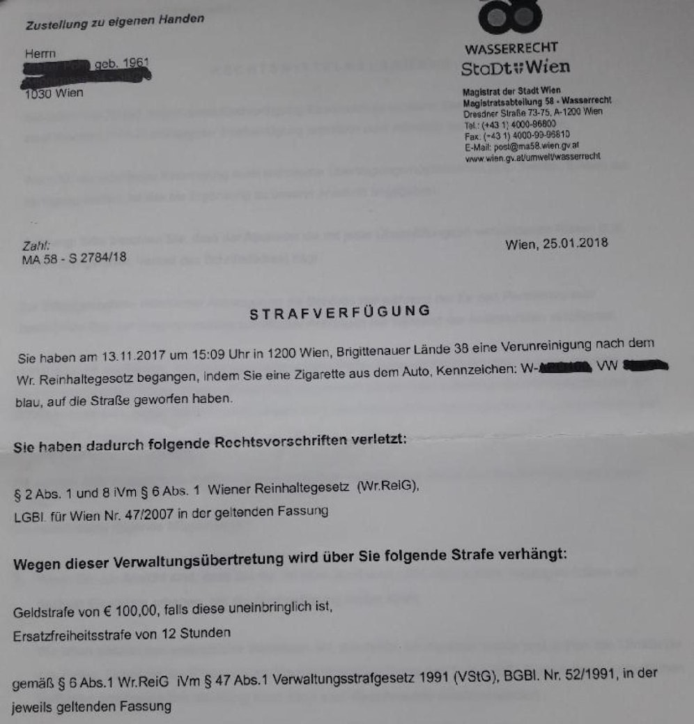 Die Strafverfügung: 100 Euro Strafe oder 12 Stunden Ersatz-Arrest.