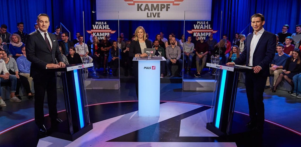 FPÖ-Chef Heinz-Christian Strache (l.) und ÖVP-Obmann Sebastian Kurz trafen bei Corinna Milborn in Puls 4 aufeinander