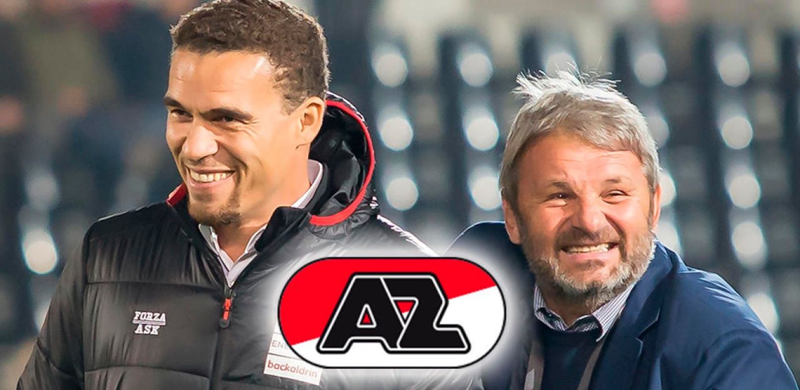 LASK-Trainer Valerien Ismael und Vizepräsident Jürgen Werner freuen sich über das Europa-League-Los AZ Alkmaar. 