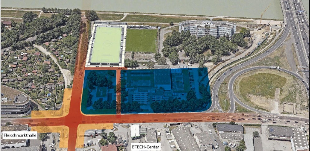 So könnte das Gebiet rund um den Donaupark bald aussehen. Rechts das Möbelhaus, links eine weiteres Gebäude für Büros und Geschäfte, hinten das Stadion. 