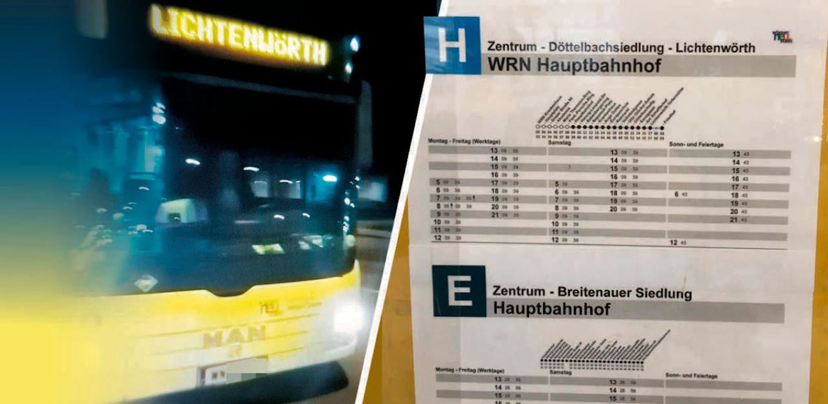 Der Bus (li.) und der Fahrplan der Linie H