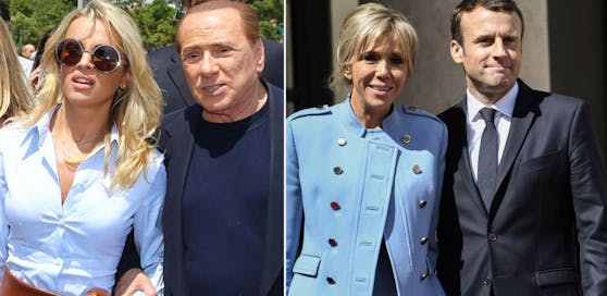 Silvio Berlusconi und Francesca Pascale (links), Brigitte und Emmanuel Macron (rechts)