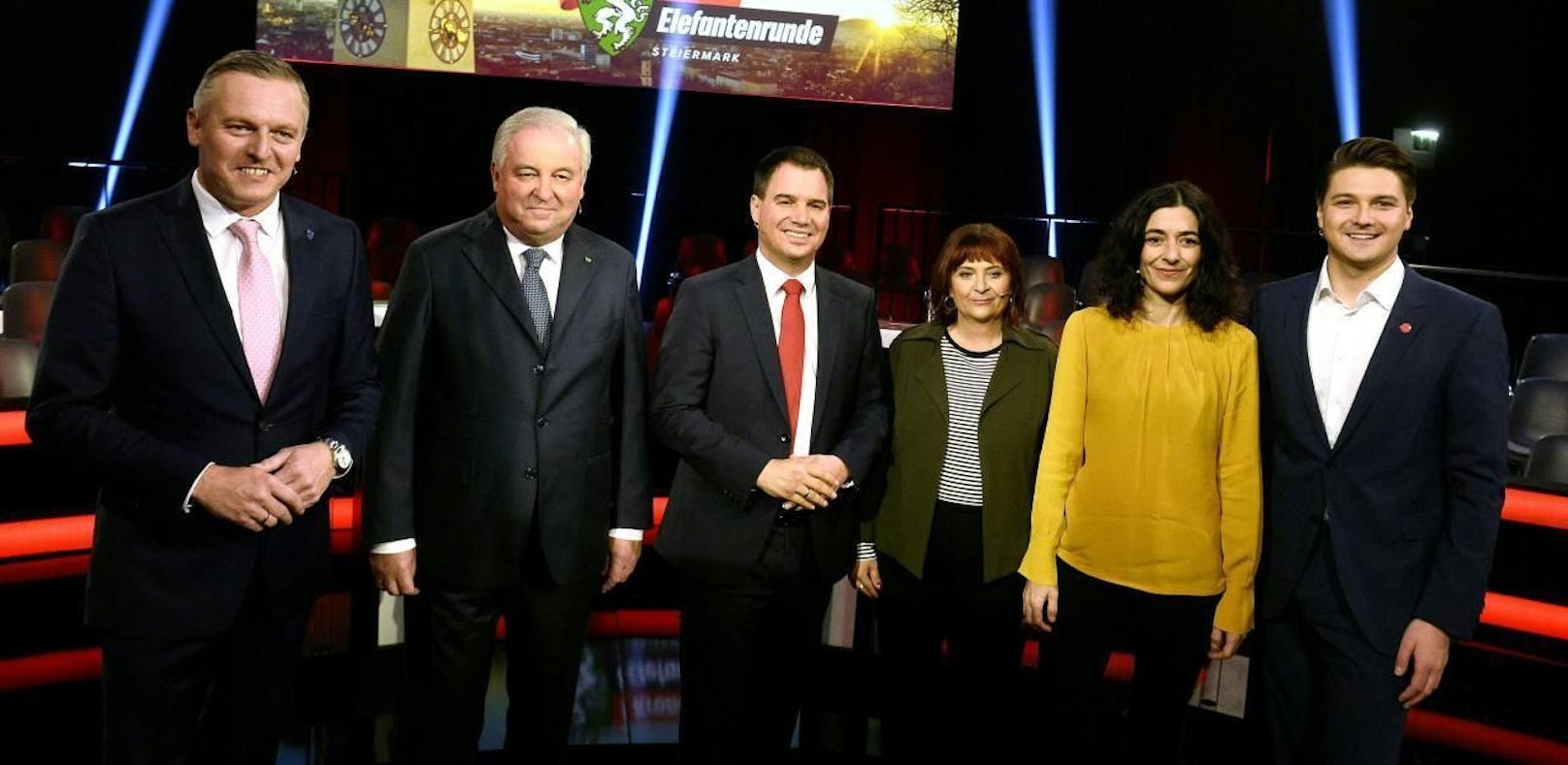 Die Spitzenkandidaten bei der Steiermark-Wahl: (v.l.) Mario Kunasek (FPÖ), Hermann Schützenhöfer (ÖVP), Michael Schickhofer (SPÖ), Claudia Klimt-Weithaler (KPÖ), Sandra Krautwaschl (Grüne) und Niko Swatek (Neos) 