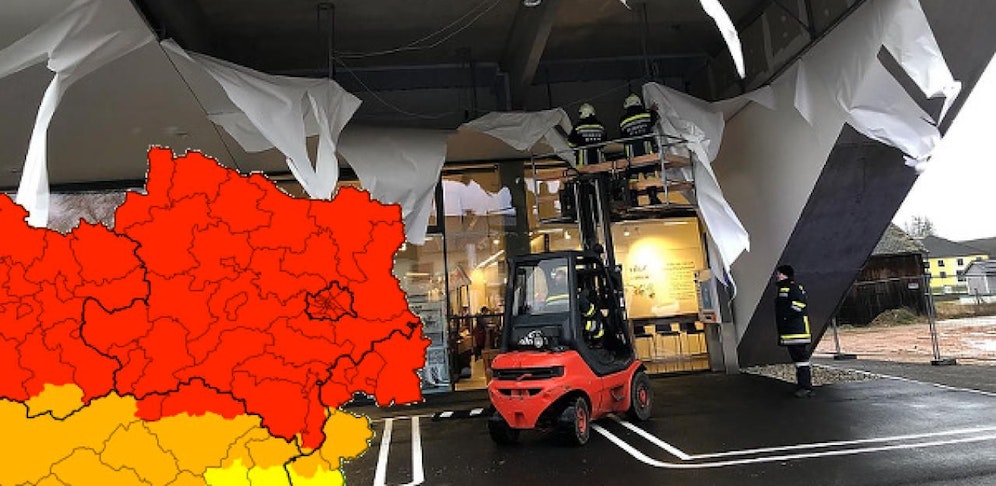 Ein Bild der Sturmschäden der vergangenen Woche und die Warnkarte.