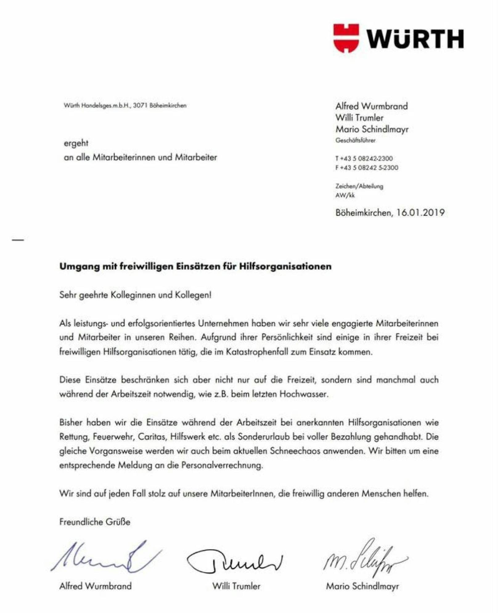 Der Brief der Geschäftsführung von Würth an alle Mitarbeiter.